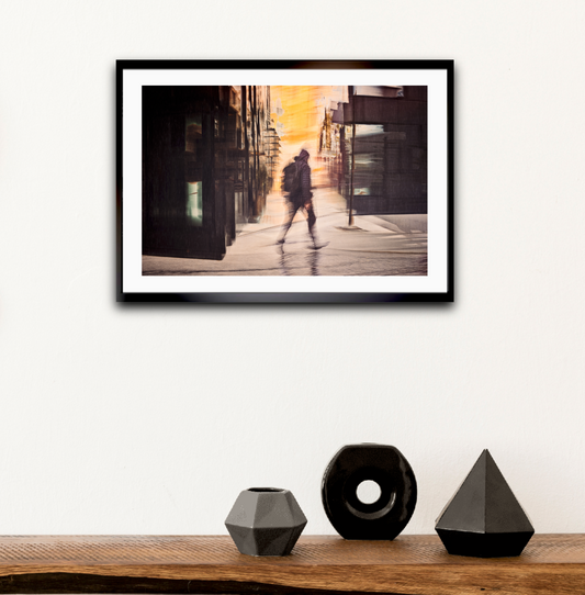 Between Seasons a person walking through Oslo city streets in Barcode — ICM photography cycling wall art print by Douglas Carr at Oslo Art Prints
