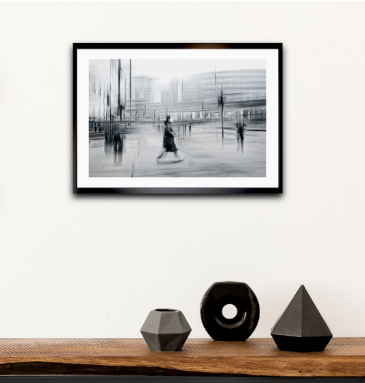 Blurred Intentions a person walking down Karl Johan in Oslo city towards Oslo train station — Black & White ICM photography cycling wall art print by Douglas Carr at Oslo Art Prints