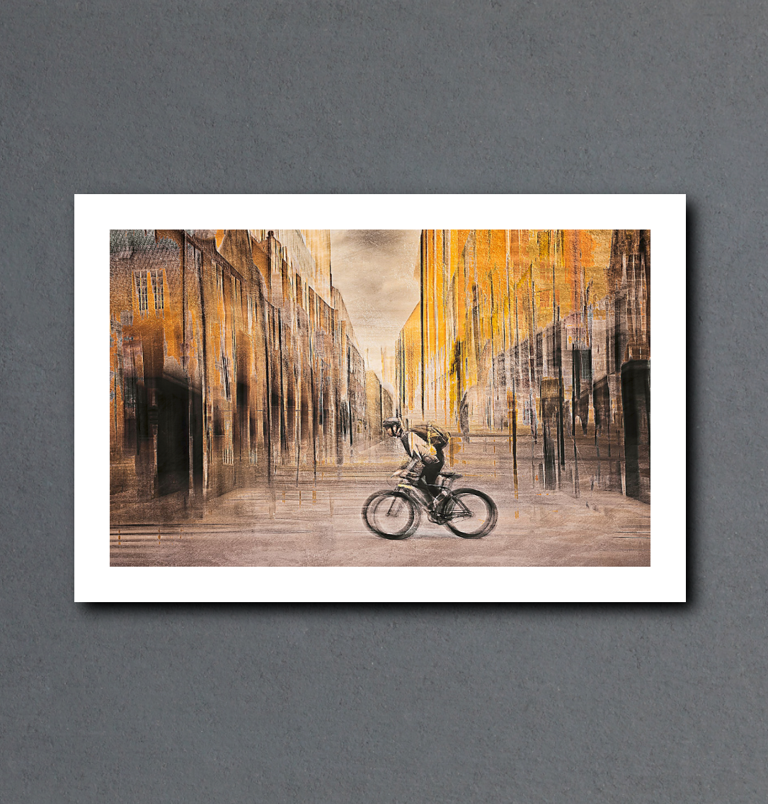 The Eternal Ride a cyclist riding through Rådhusgate Oslo city — ICM photography cycling wall art print by Douglas Carr at Oslo Art Prints
