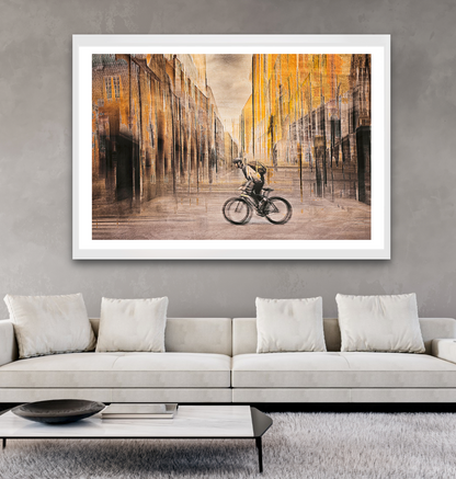 The Eternal Ride a cyclist riding through Rådhusgate Oslo city — ICM photography cycling wall art print by Douglas Carr at Oslo Art Prints