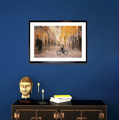 The Eternal Ride a cyclist riding through Rådhusgate Oslo city — ICM photography cycling wall art print by Douglas Carr at Oslo Art Prints