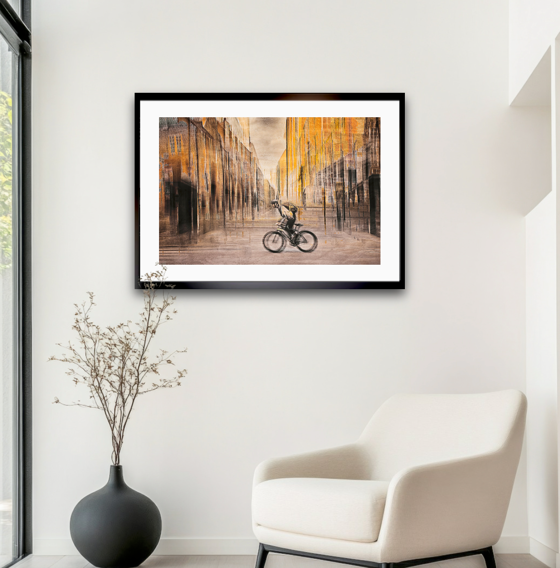 The Eternal Ride a cyclist riding through Rådhusgate Oslo city — ICM photography cycling wall art print by Douglas Carr at Oslo Art Prints