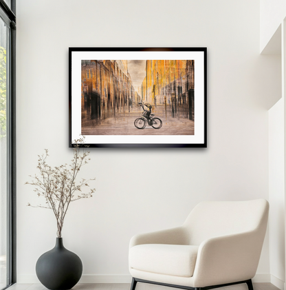 The Eternal Ride a cyclist riding through Rådhusgate Oslo city — ICM photography cycling wall art print by Douglas Carr at Oslo Art Prints