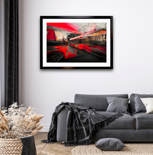 Velocity Red an red Oslo city bus in motion through the city — ICM photography tram wall art print by Douglas Carr at Oslo Art Prints