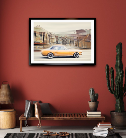 Automotive Limited Edition wall art print of American classic Golden Nugget Ford Mustang motor car by Douglas Carr 