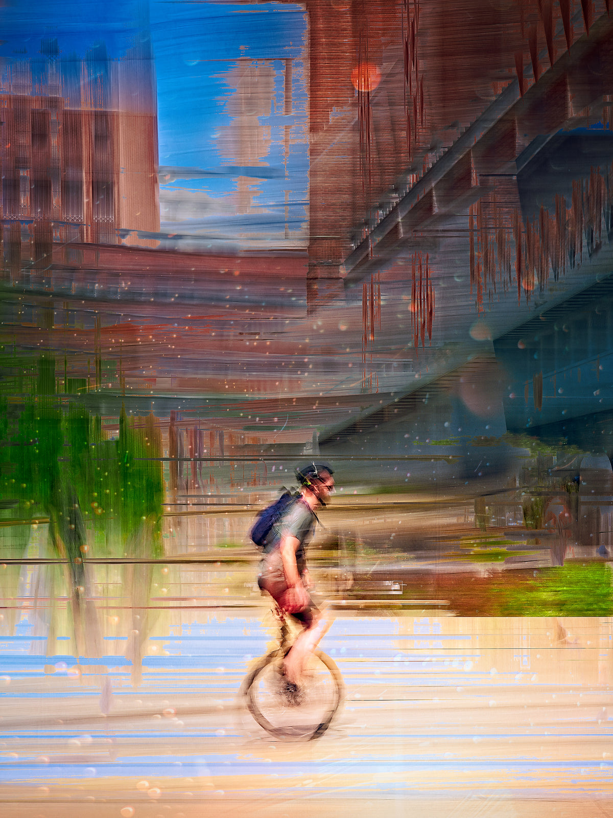 Circus Life person cycling on a unicycle  past Oslo Rådhus Oslo city on there daily commute — ICM photography cycling wall art print by Douglas Carr at Oslo Art Prints. Free worldwide shipping.