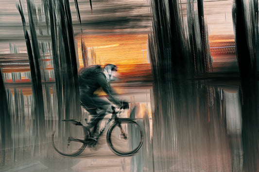 Eclipse of Motion a cyclist riding through Oslo city streets — ICM photography cycling wall art print by Douglas Carr at Oslo Art Prints