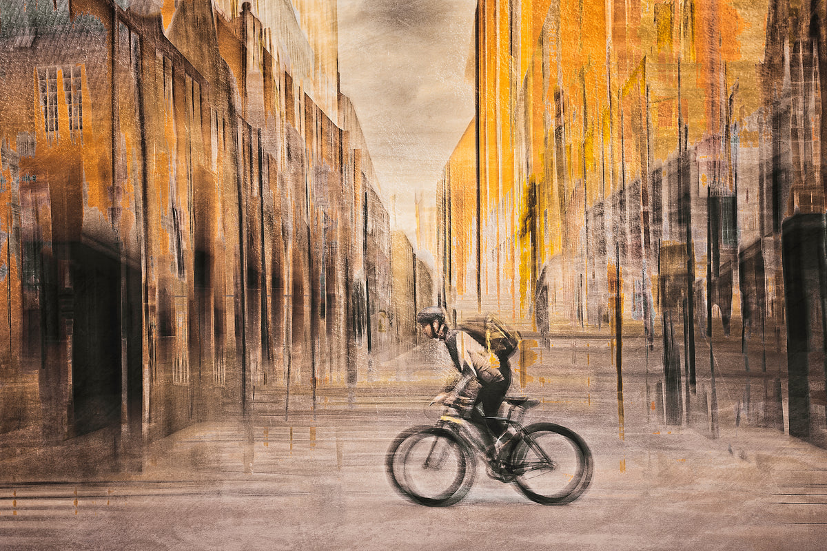 The Eternal Ride a cyclist riding through Rådhusgate Oslo city — ICM photography cycling wall art print by Douglas Carr at Oslo Art Prints