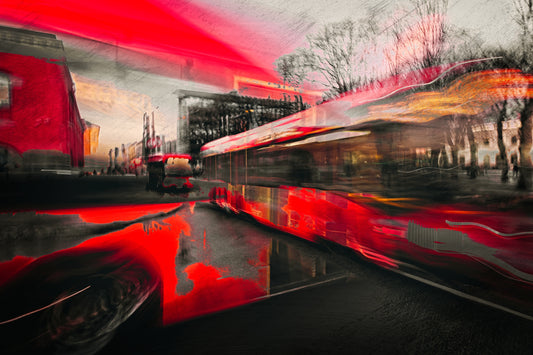 Velocity Red an red Oslo city bus in motion through the city — ICM photography tram wall art print by Douglas Carr at Oslo Art Prints