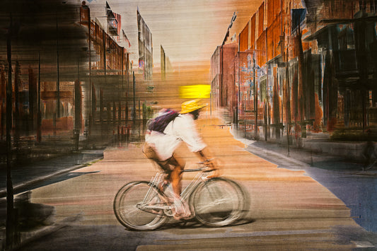 Solar Eclipse, a cyclist riding through Oslo city streets — ICM photography cycling wall art print by Douglas Carr at Oslo Art Prints